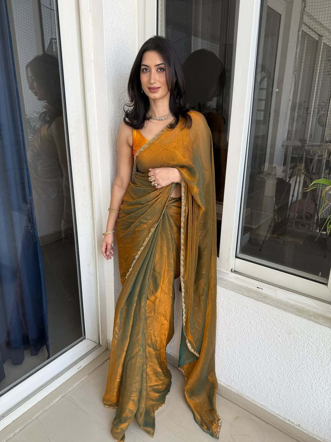 VRAGI Women Embellished Embroidered Pure Chiffon Saree