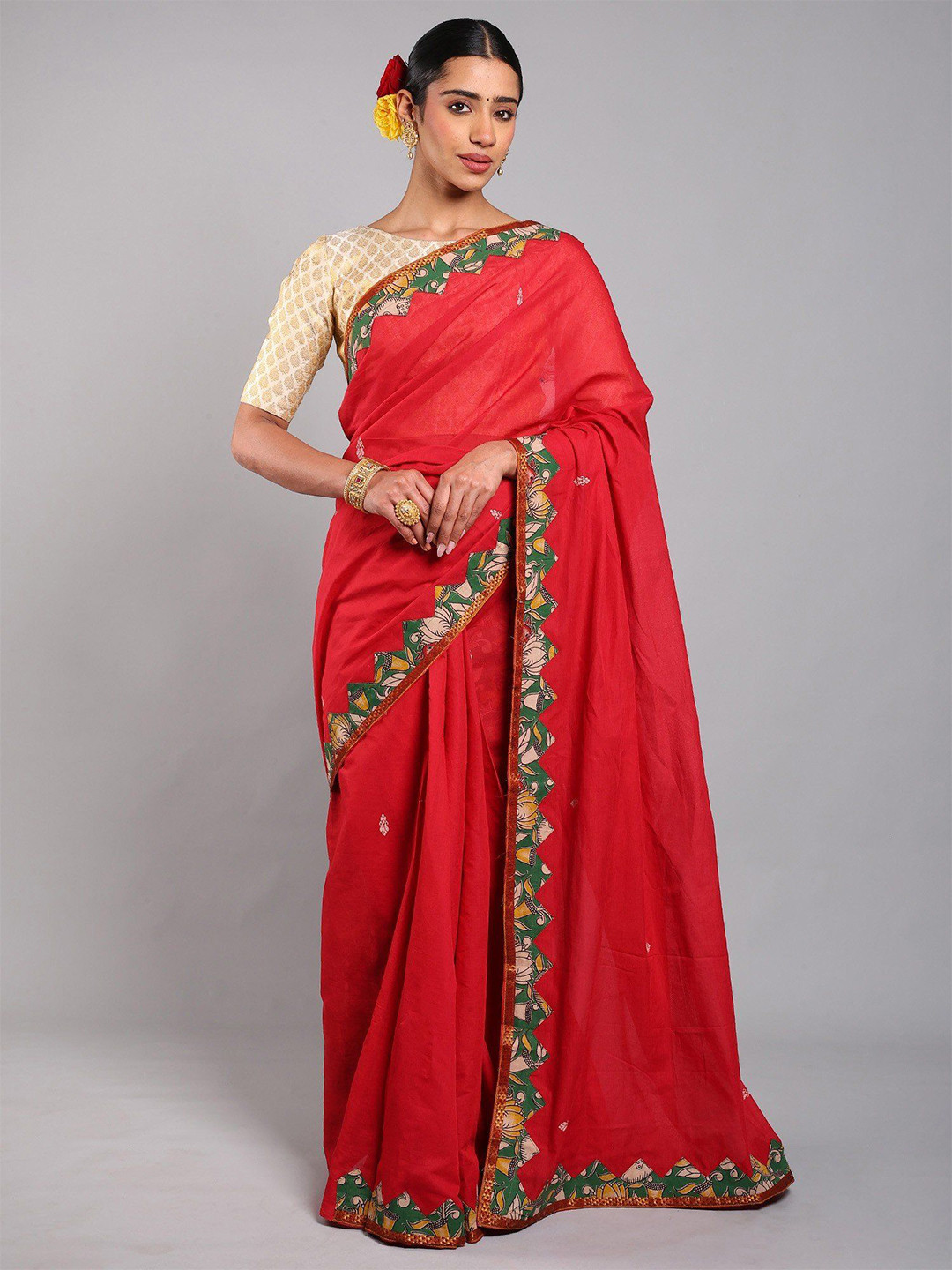 Exotic India Women Cotton Kalamkari Patch Border Saree with Zari work from Telangana