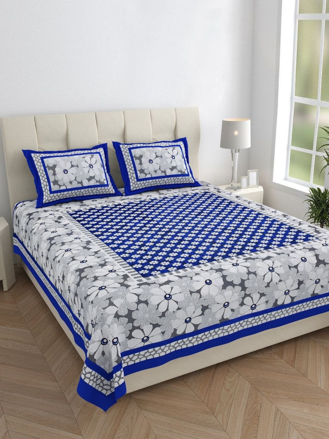 Monik Handicrafts Blue Floral Cotton 144 TC King Bedsheet with 2 Pillow Covers-90 x 103 inches