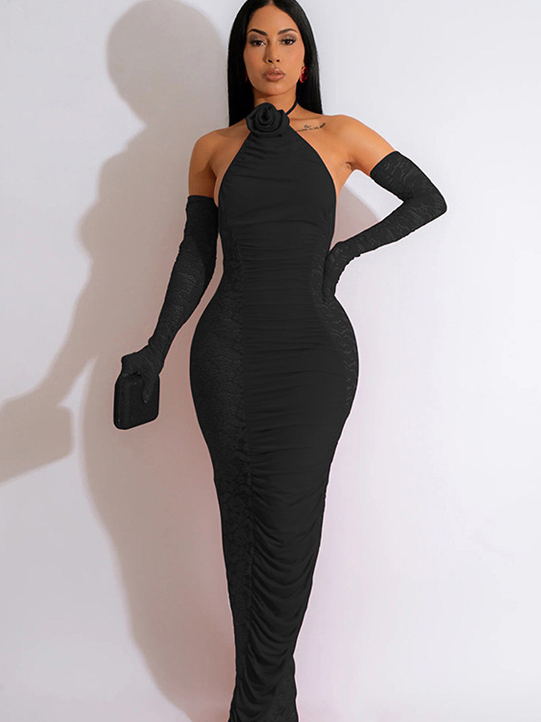 LULU & SKY Black Halter Neck Bodycon Midi Dress
