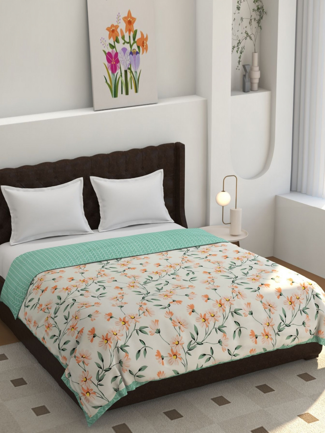 Florida Flyn Cream & Green Floral Printed Reversible Summer 150 GSM Single Bed Dohar
