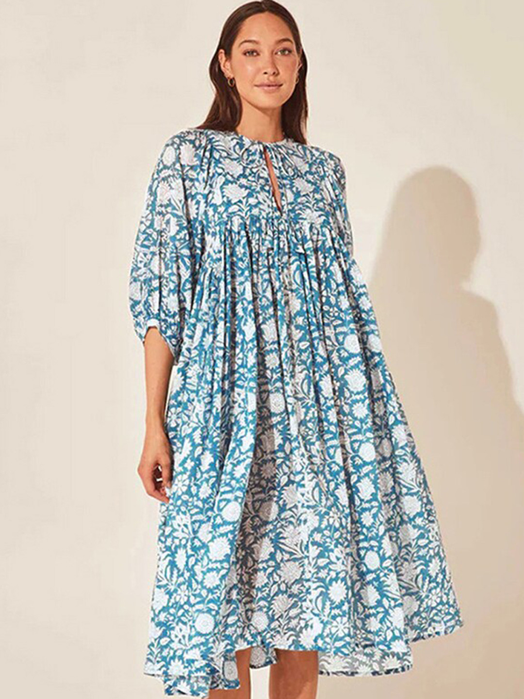 StyleCast Blue & wan blue Floral Print Tie-Up Neck Puff Sleeve A-Line Midi Dress