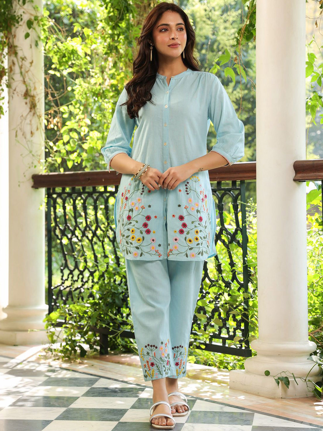 SAVI Blue Cotton Embroidered Designer Co-ord Set