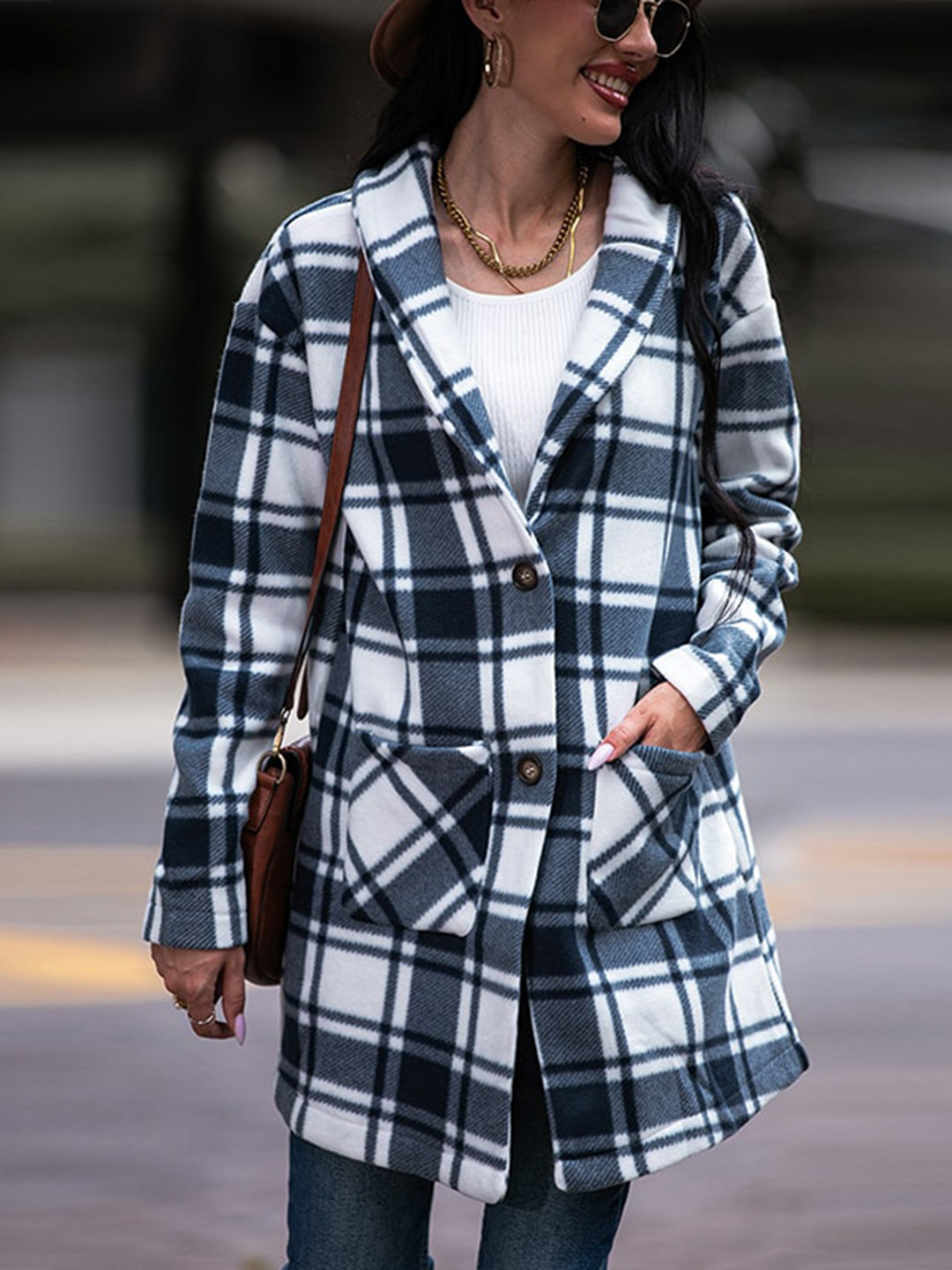 StyleCast Blue Checked Shawl Collar Longline Overcoat