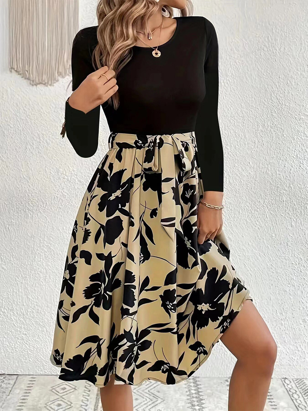 StyleCast Beige Round neck Long Sleeves Floral Print Fit & Flare Dress