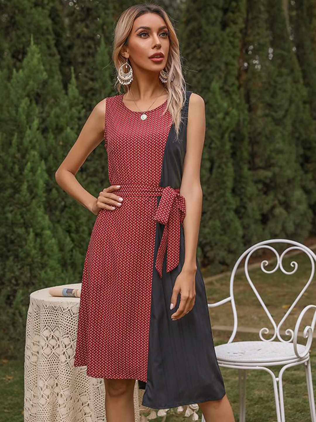 StyleCast Colourblocked Satin A-Line Dress With Tie-Ups
