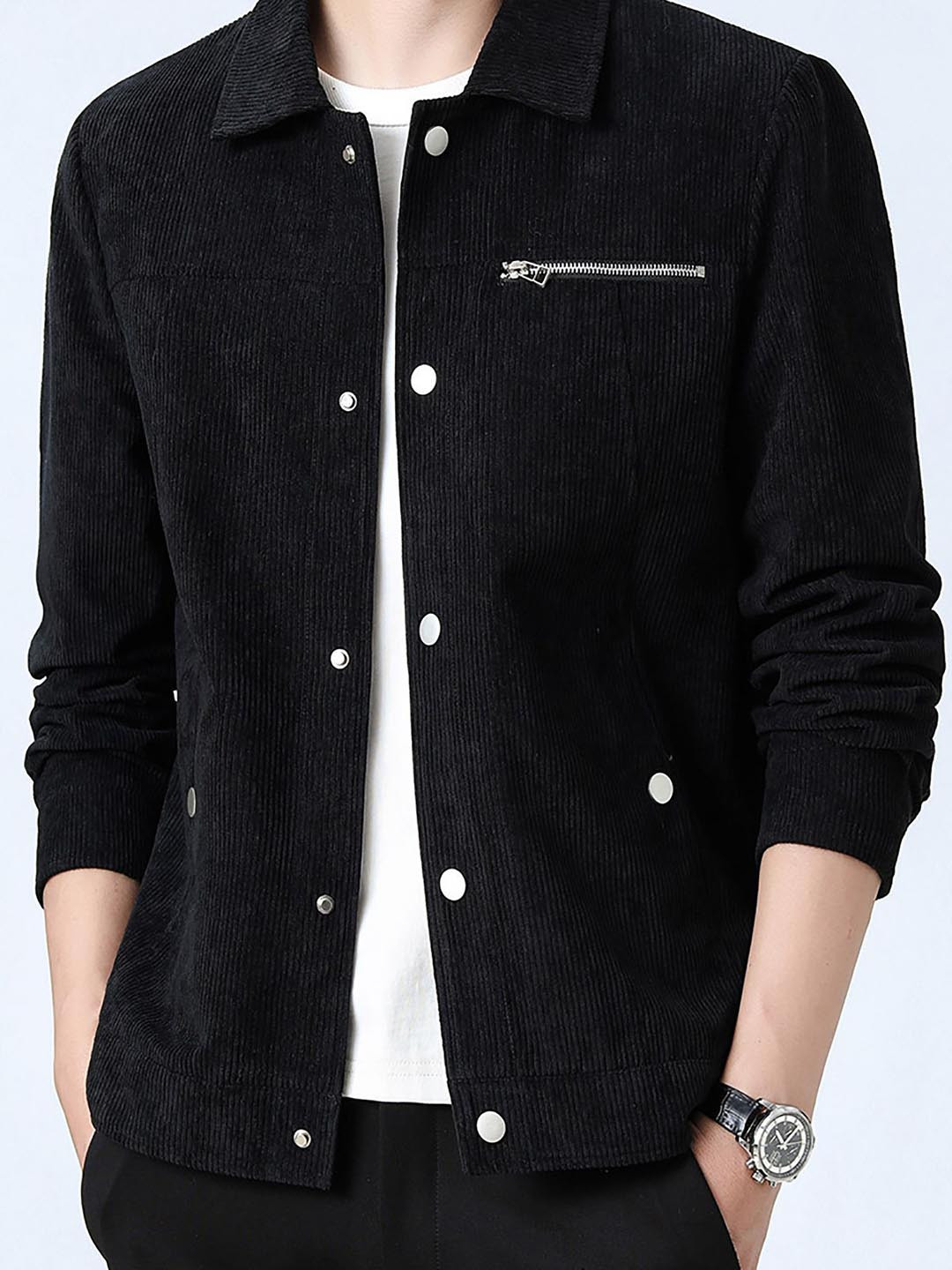 Black Solid Windcheater Tailored Jacket with Spread Collar