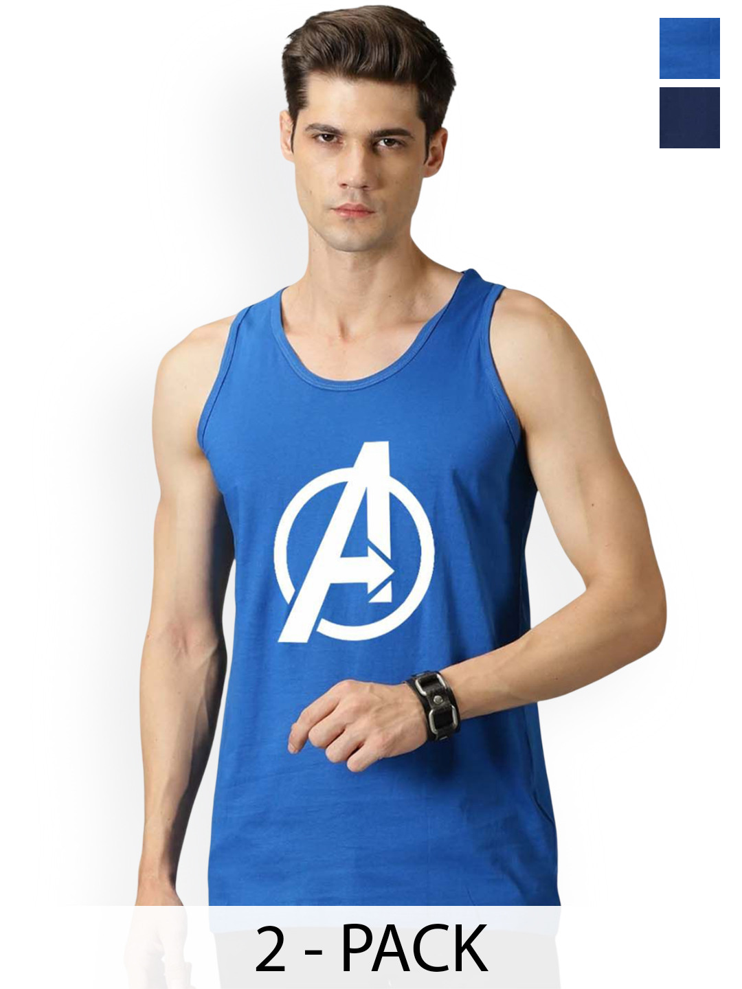 Organic Chics Pack Of 2 Printed Cotton Gym Vests Royal Avenger-Navy Infinity _S