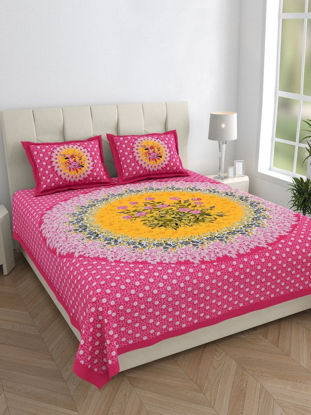 Monik Handicrafts Pink Ethnic Motifs Cotton 144 TC King Bedsheet with 2 Pillow Covers-228 x 262 cm