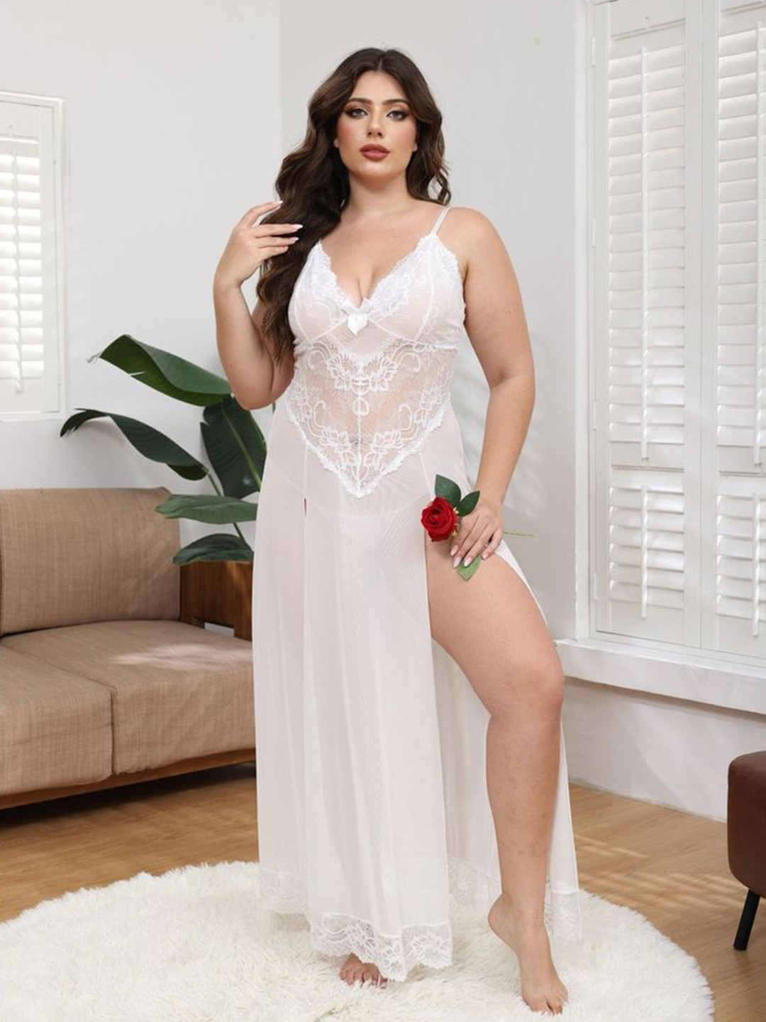LULU & SKY Women Plus Size Shoulder Straps Self Design Baby Doll
