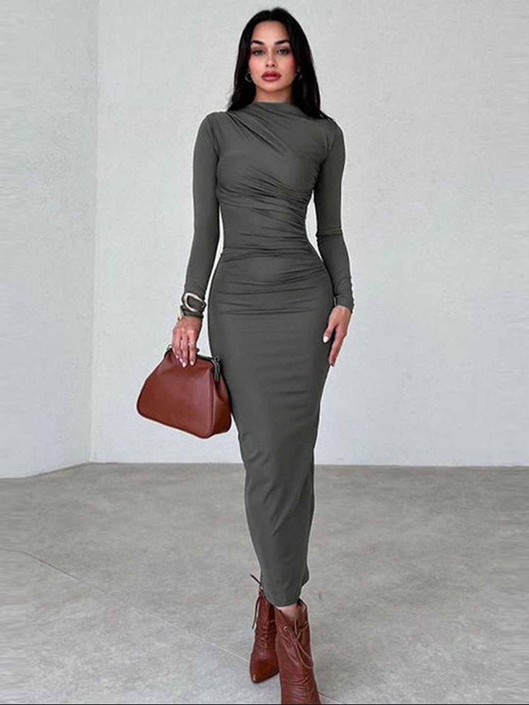 LULU & SKY High Neck Gathered Detail Bodycon Maxi Dress
