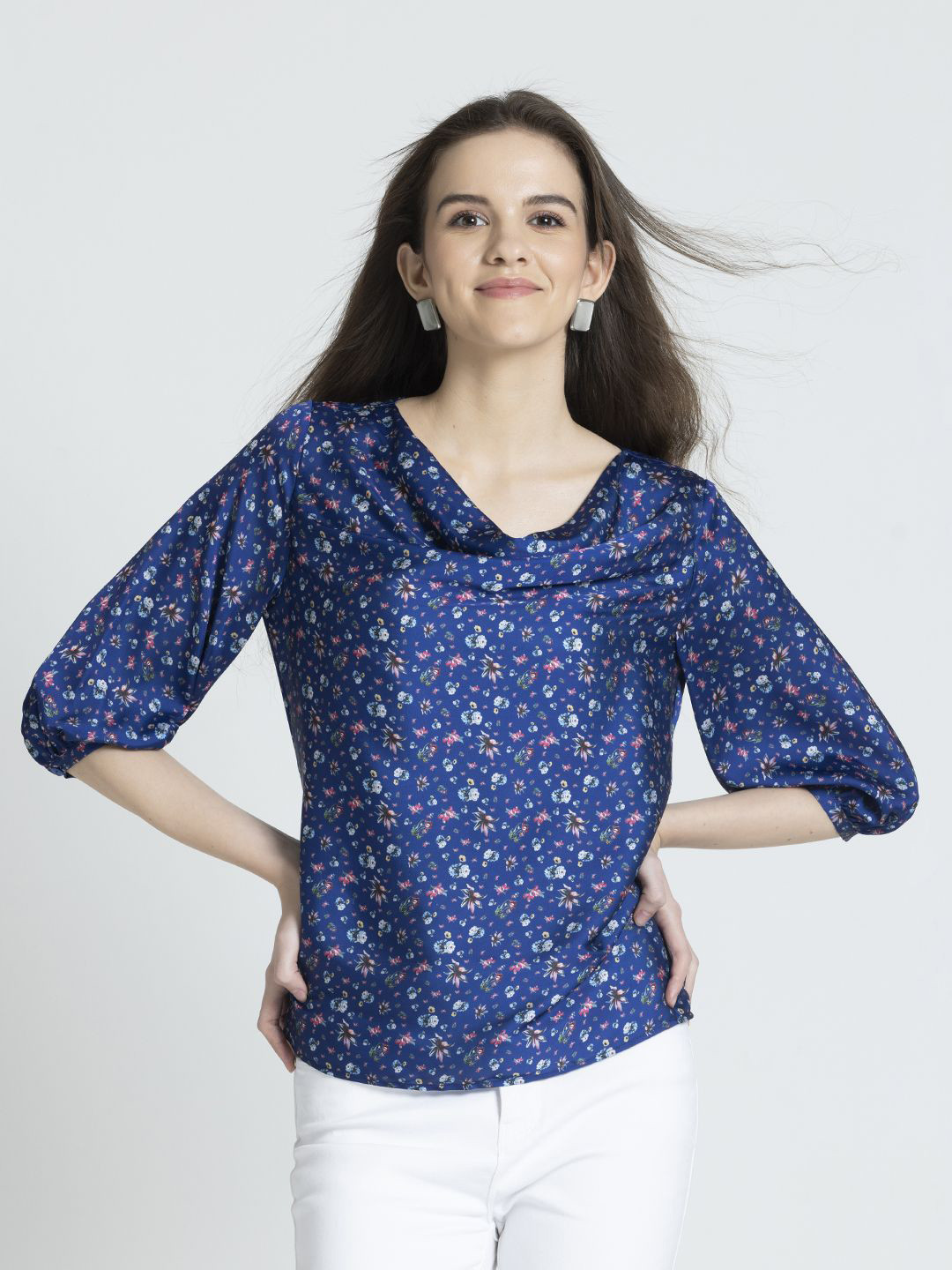 SHAYE Blue Floral Printed Cowl Neck Satin Top