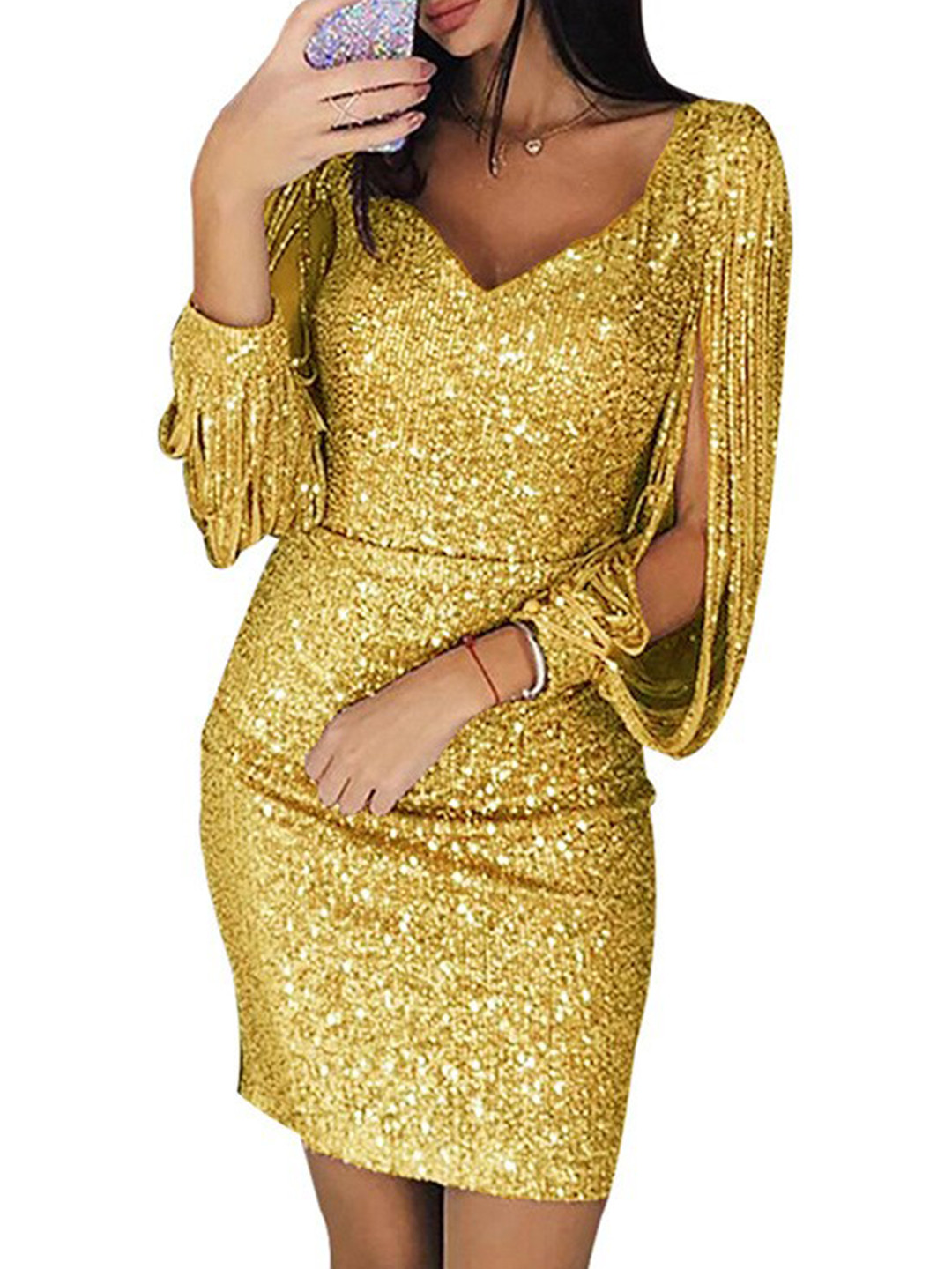 StyleCast V Neck Long Sleeves Sequin Embellished Sheath Mini Dress