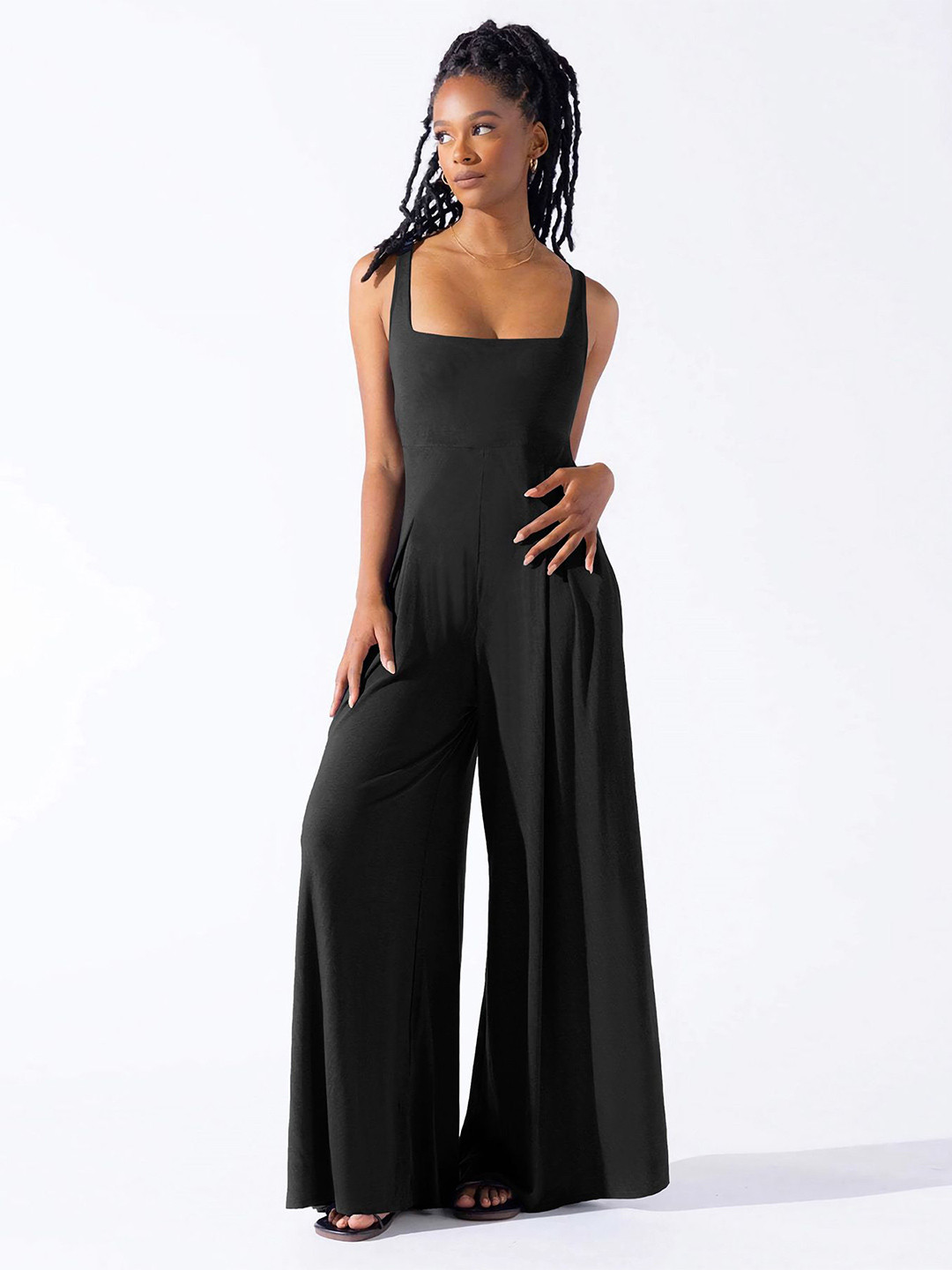 bebe Black Square Neck Shoulder Strap Pleated Wide Leg Jumpsuit