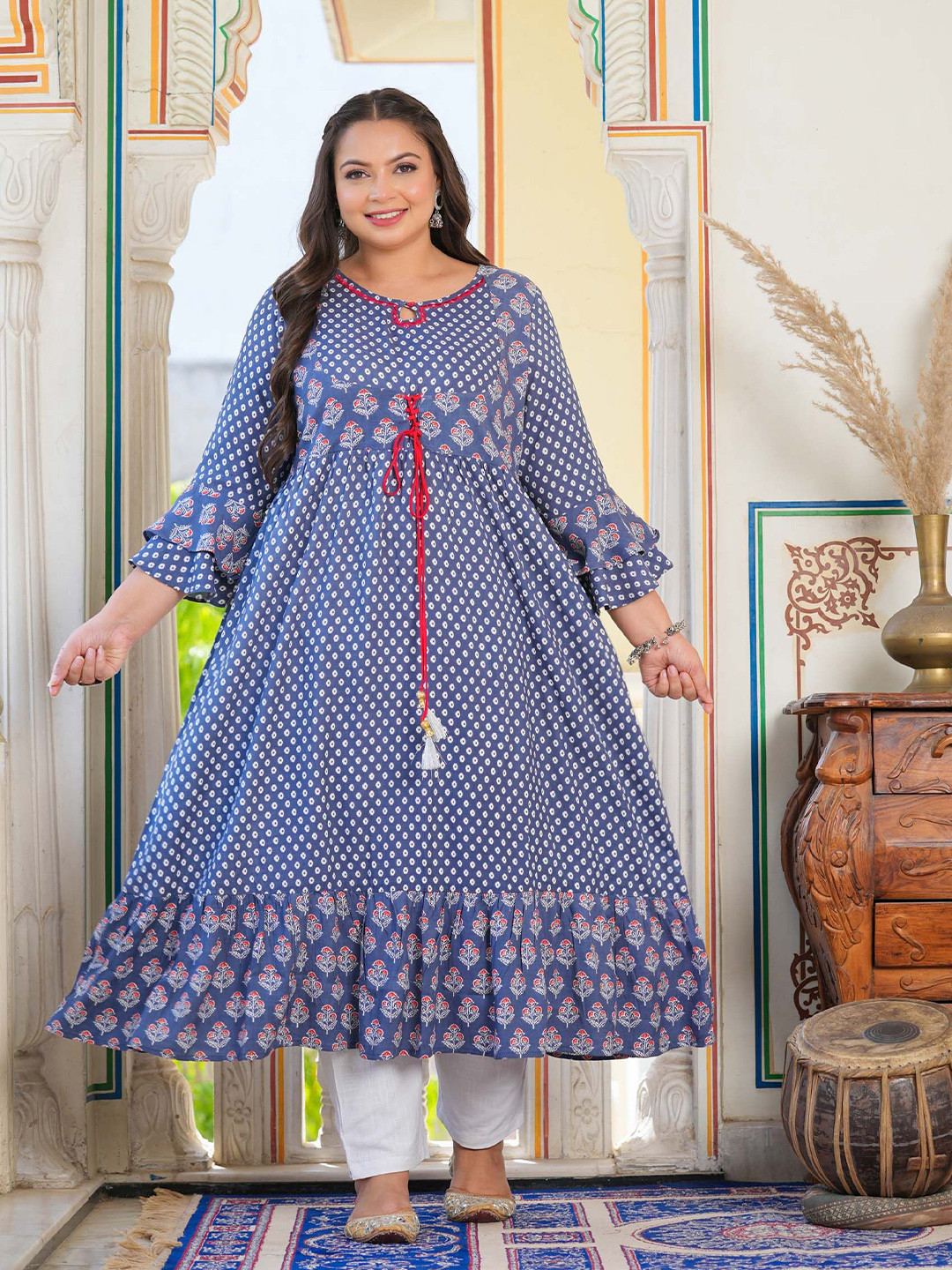 IKRASS Plus Size Floral Printed Keyhole Neck Bell Sleeves Aline Kurta