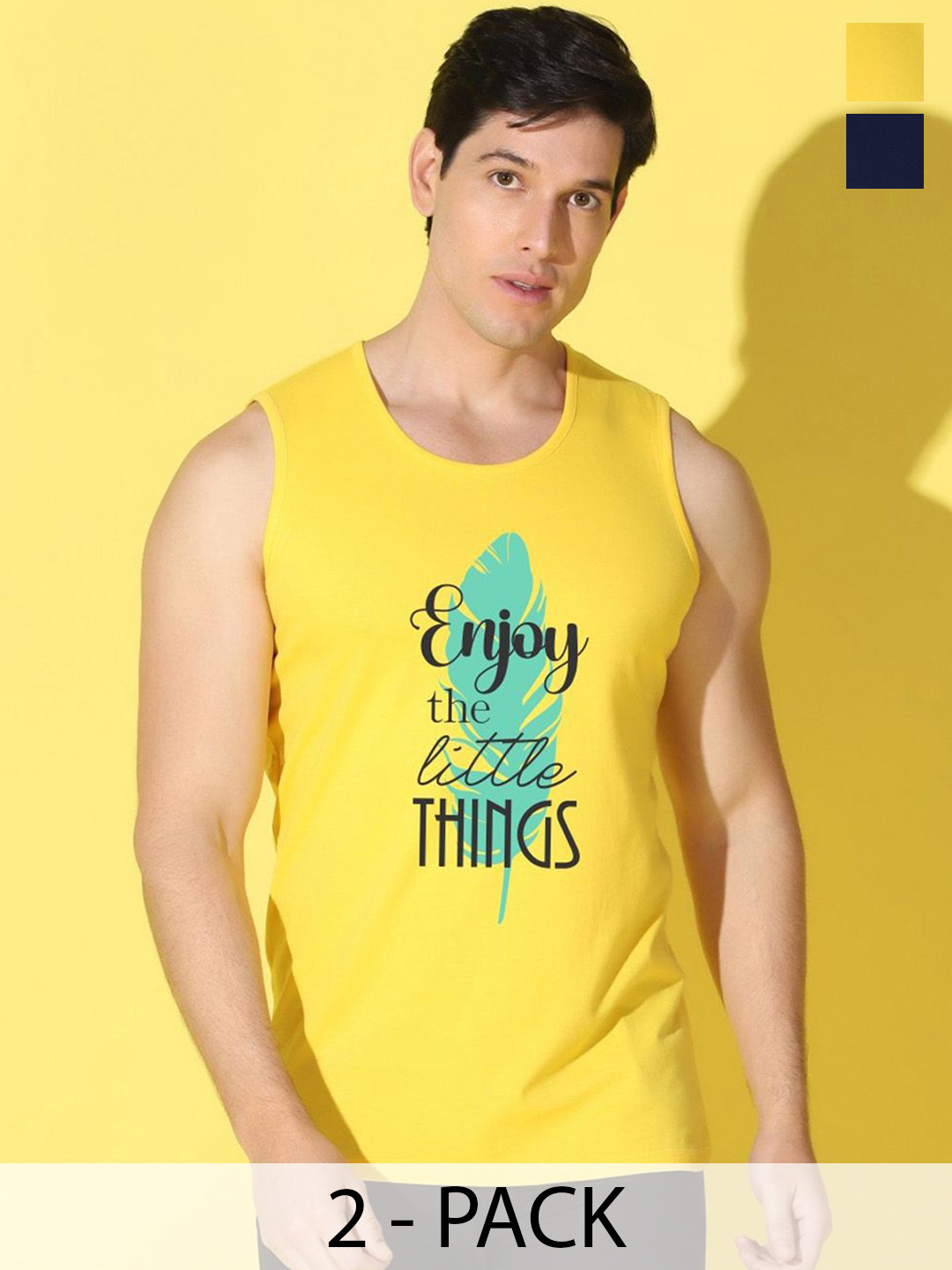 WOOSTRO 2-Pcs Printed Odour-Free Cotton Innerwear Vests VWS26(ENJOY YELLOW)(98 NAVY)