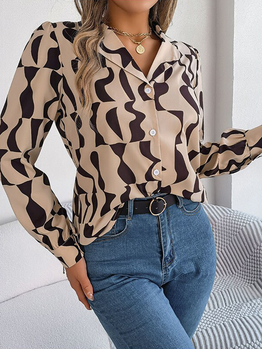 StyleCast Khaki Abstract Printed Cuban Collar Long Sleeves Casual Shirt