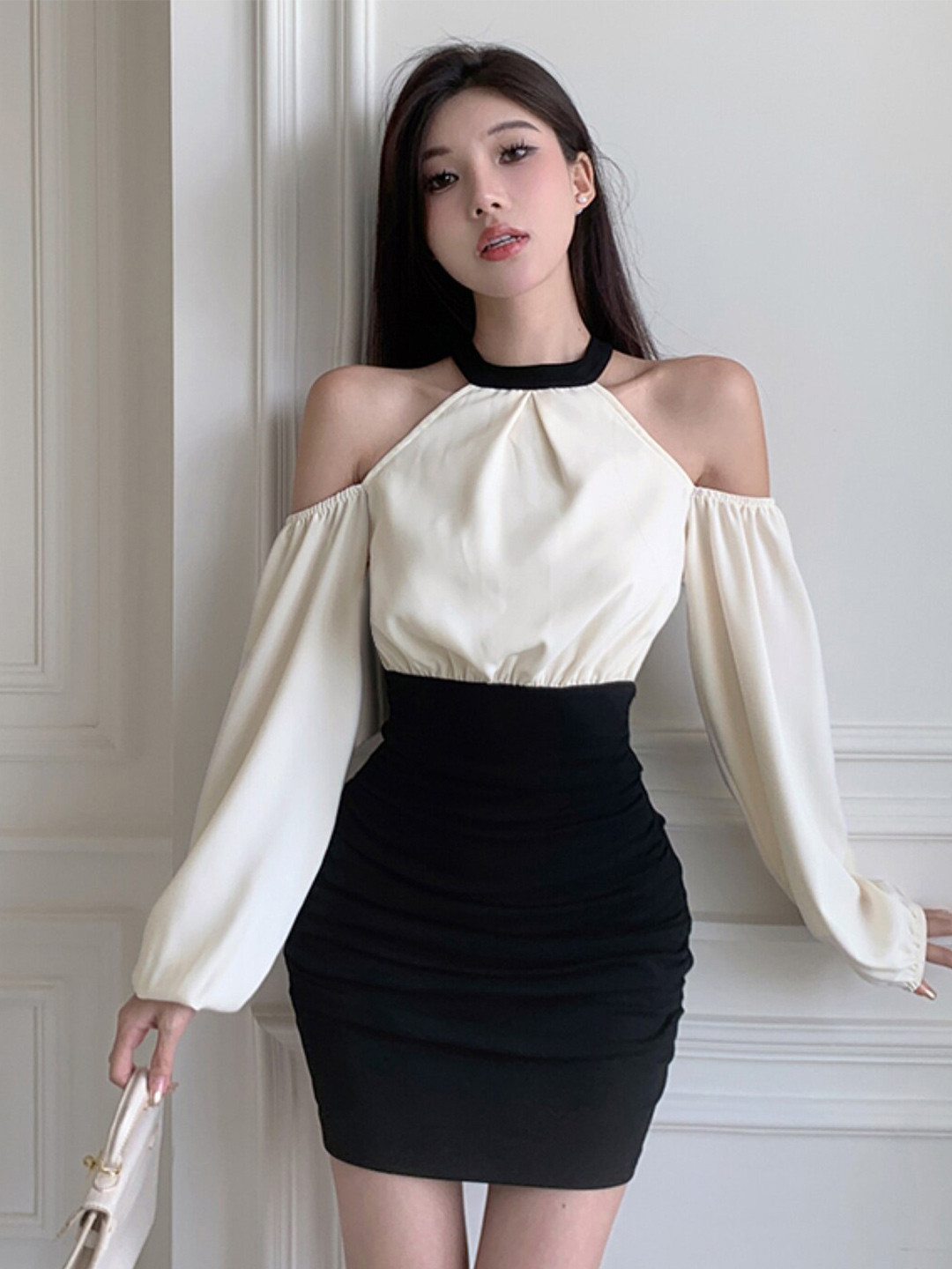 StyleCast Cream-Coloured Halter Neck Cold-Shoulder Sleeves Bodycon Dress