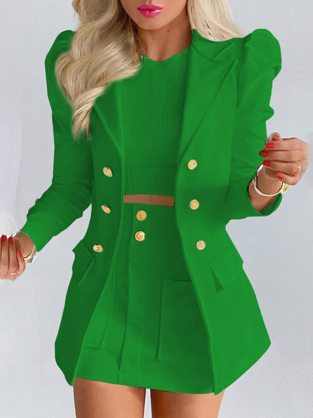 Green Shirt Collar Blazer with Skirt Co-Ords