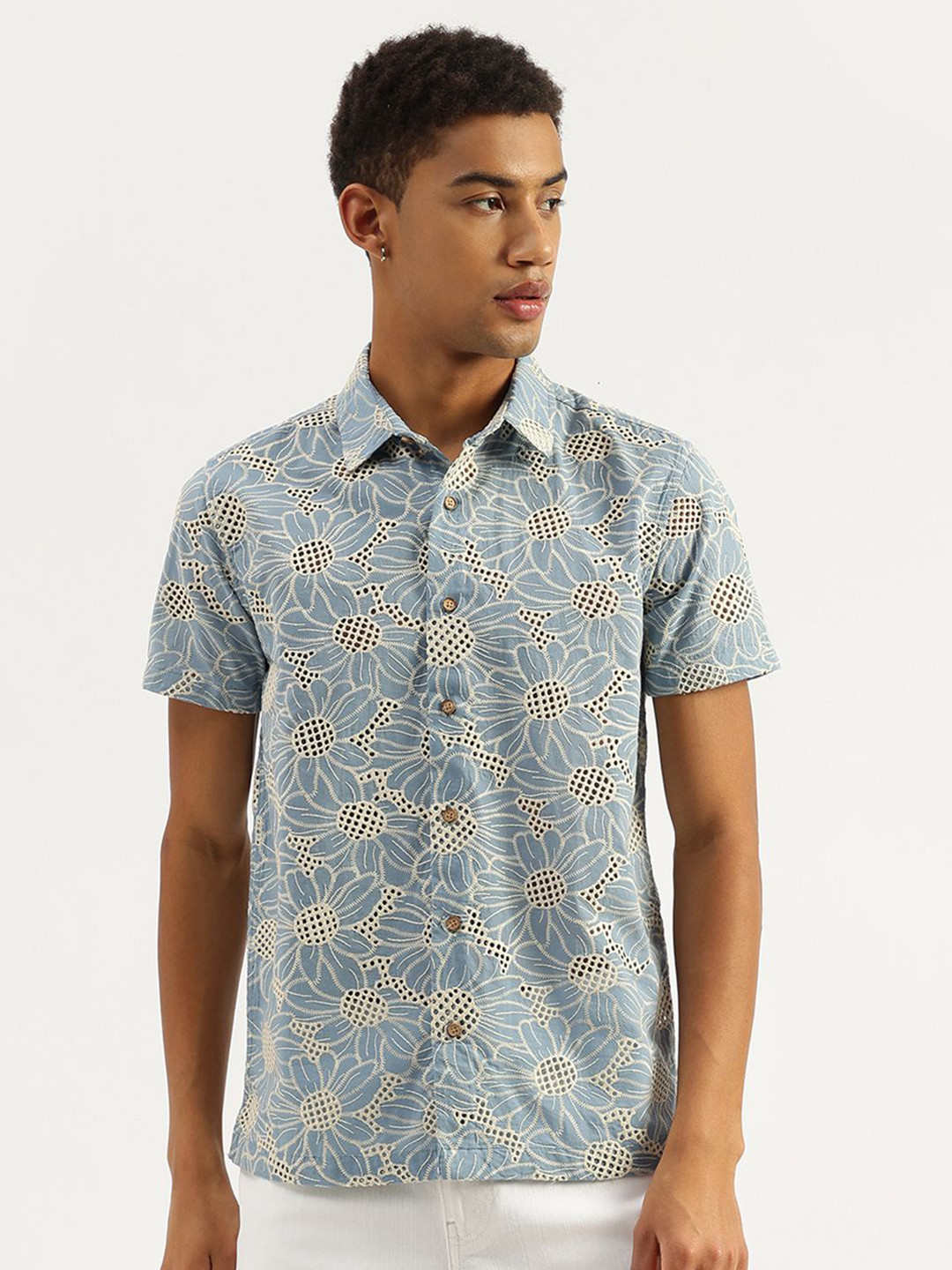 United Colors of Benetton Men Relaxed Fit Floral Printed Spread Collar Cotton Casual Shirt
