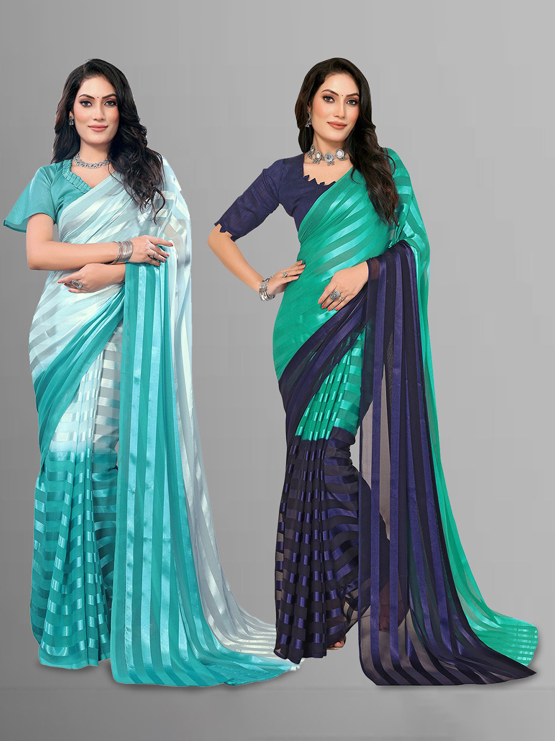 Moda Rapido Women Blue Striped Satin Silk Blend Saree