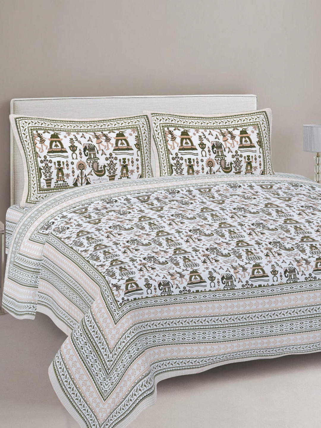 Rudra Bazaar Olive Ethnic Motifs Cotton 210 TC King Fine Bedsheet with 2 Pillow Covers-108 x 91 inches