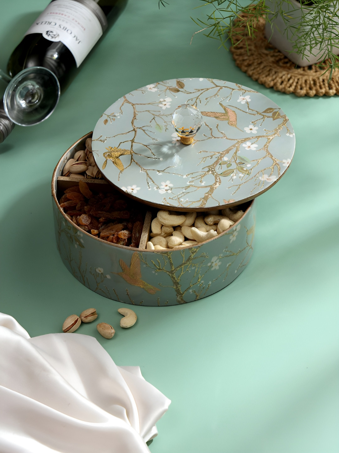 DULI Silver-Toned Enamel Coated Round Wooden Organiser Box