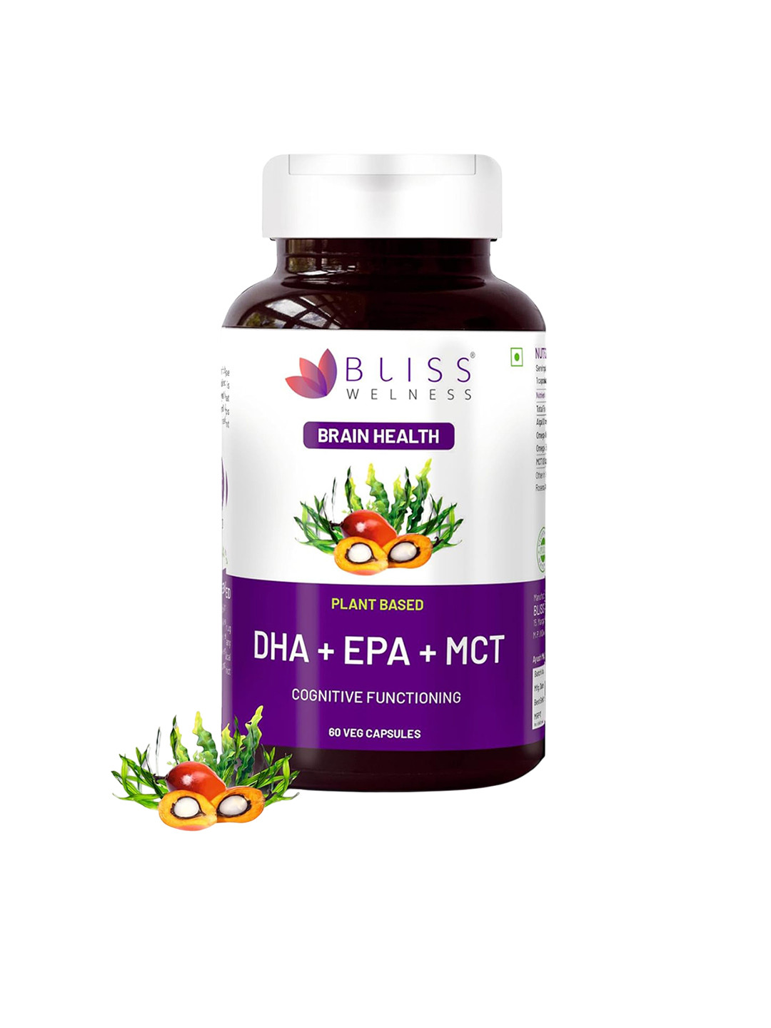 Bliss Welness Vegan Omega 3 EPA DHA MCT & Algae Oil For Brain & Eye Health - 60 Capsules