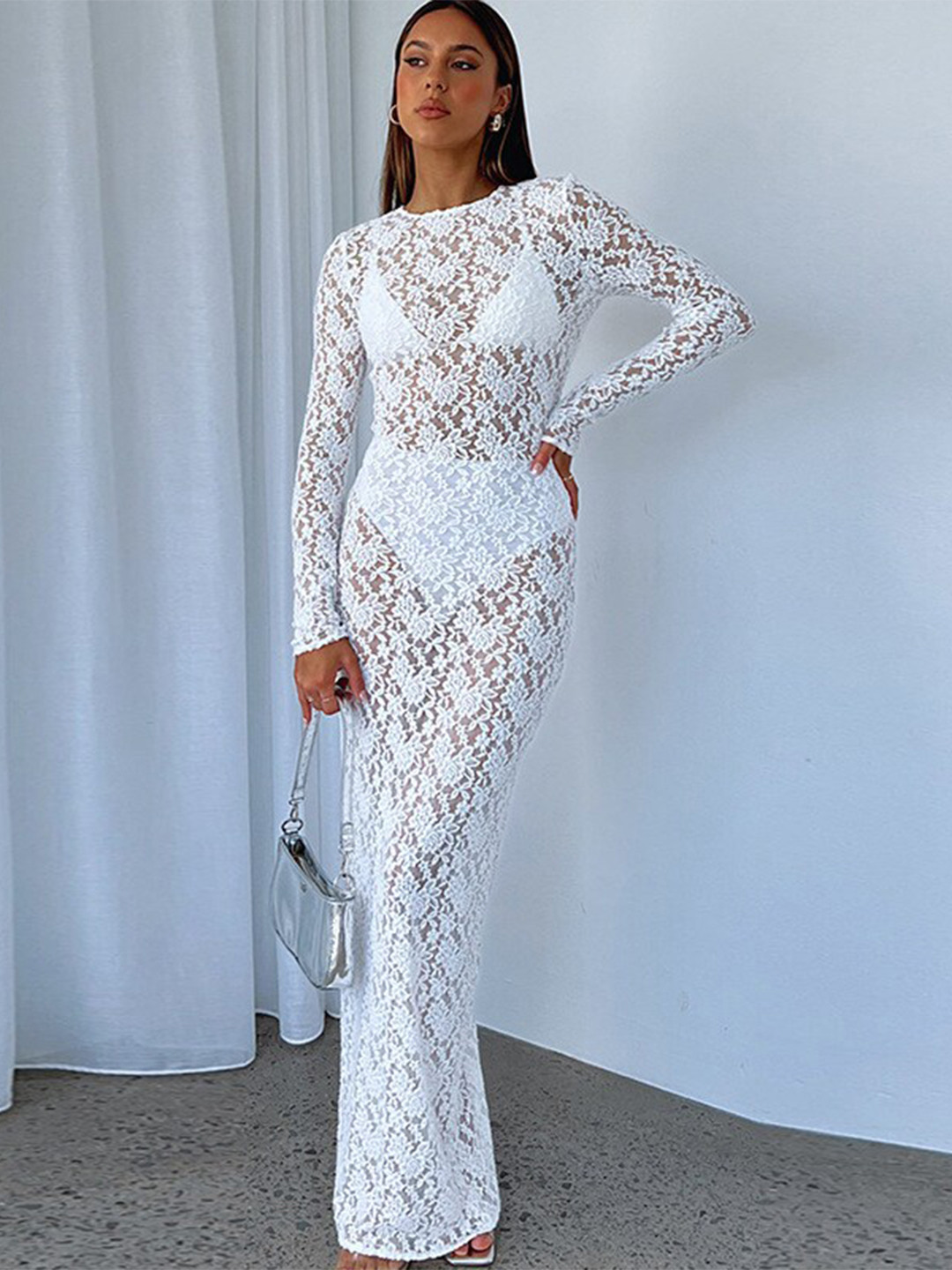 StyleCast White Lace Maxi Dress with Long Sleeves