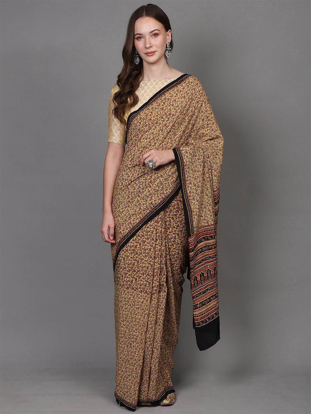 Exotic India Floral Lemon Meringue Kantha Embroidered Saree with Floral Jaal Print