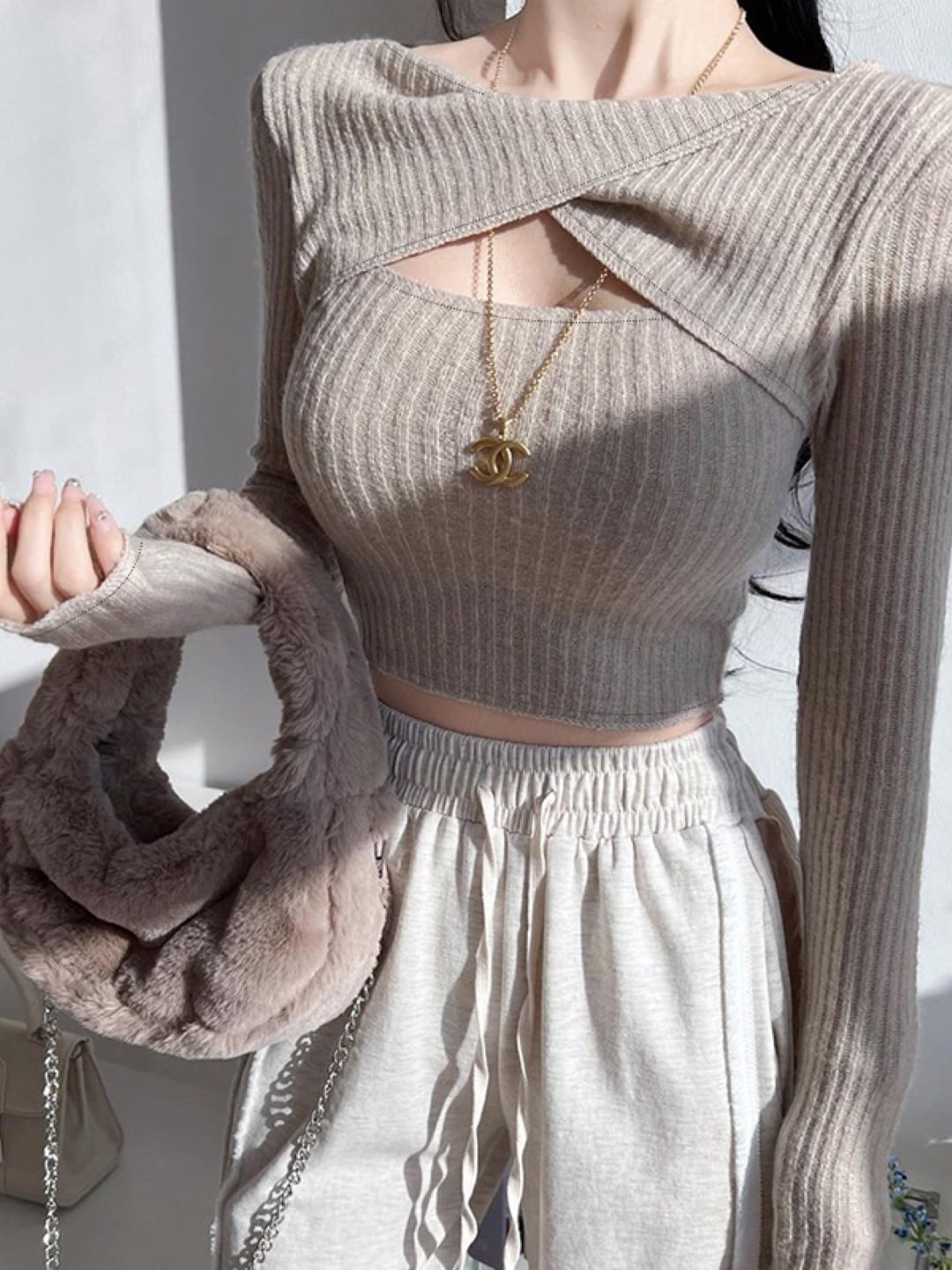 StyleCast Coffee Brown Self Design Long Sleeves Crop Top