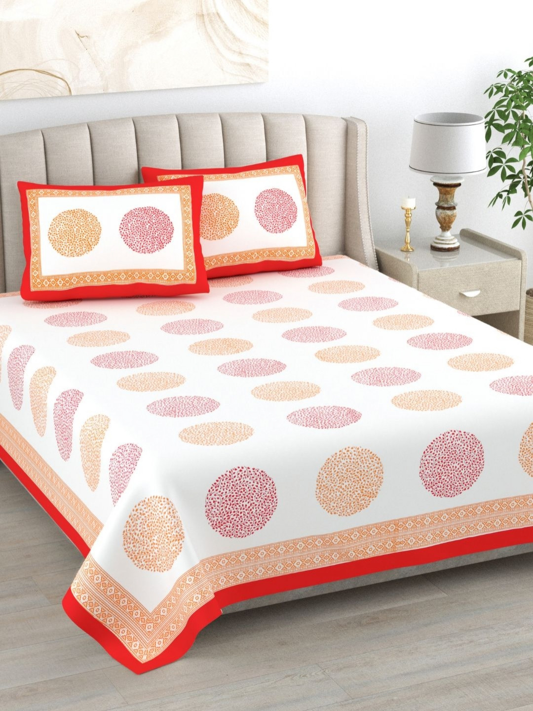 The Craft Monk Ethnic Collection White Floral Pure Cotton 240 TC King Bedsheet with 2 Pillow Covers-274 x 228 cm