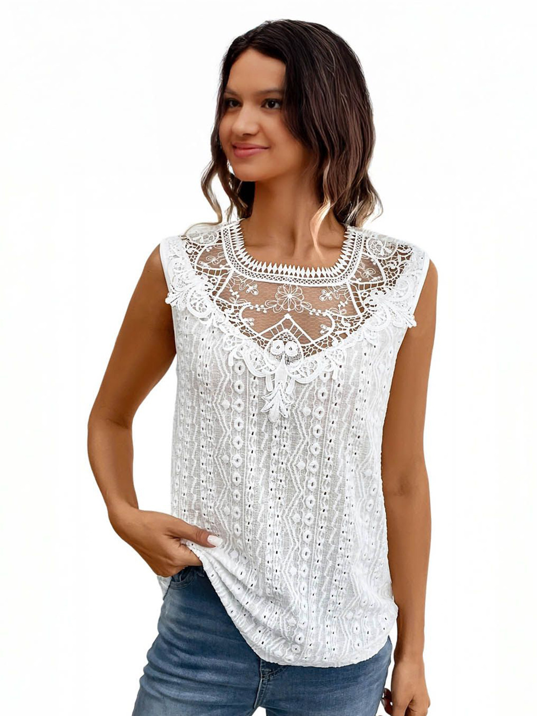 StyleCast White Lace up Cotton Regular Sleeveless Top