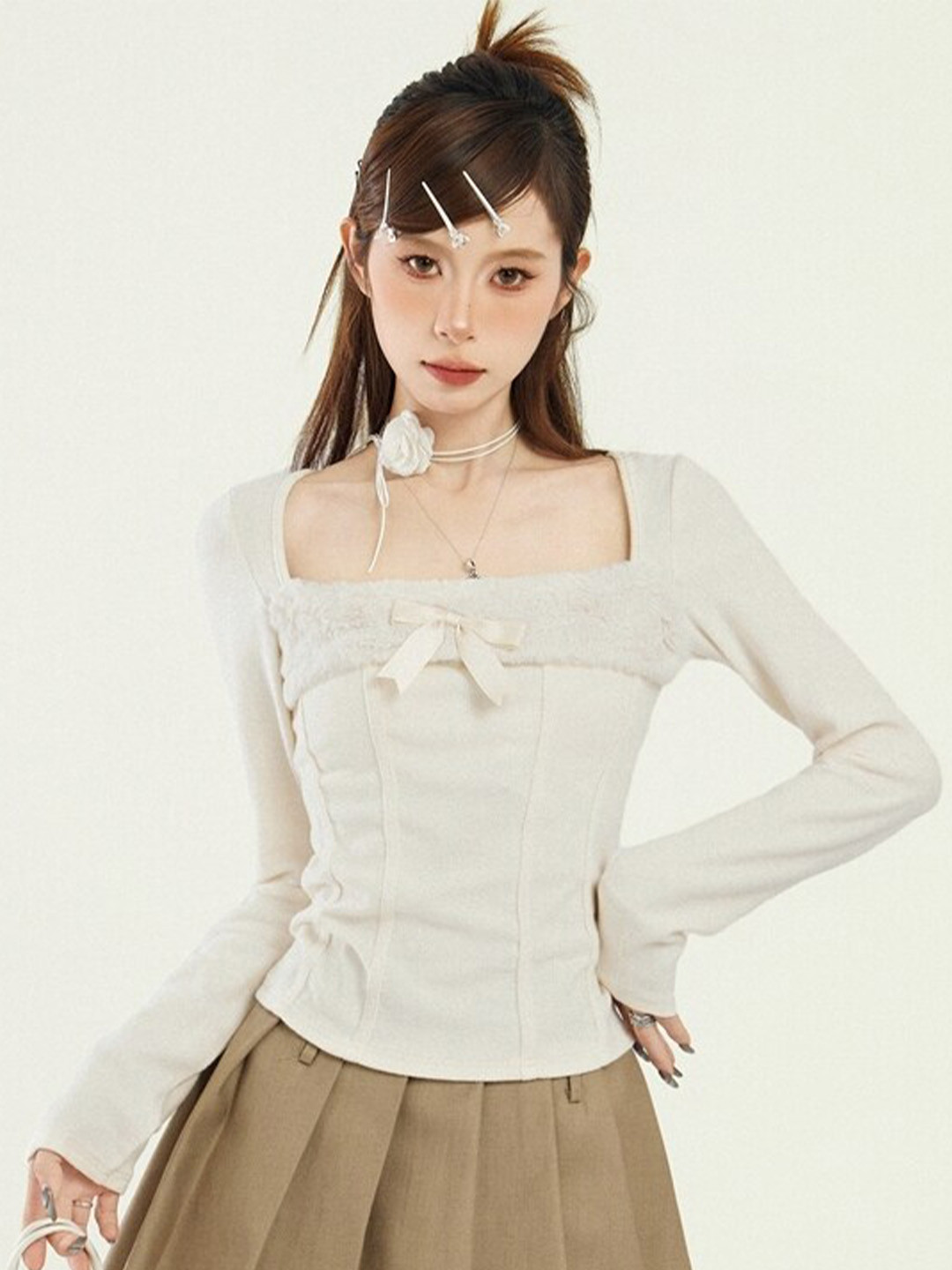 StyleCast Beige Square Neck Long Sleeves Top