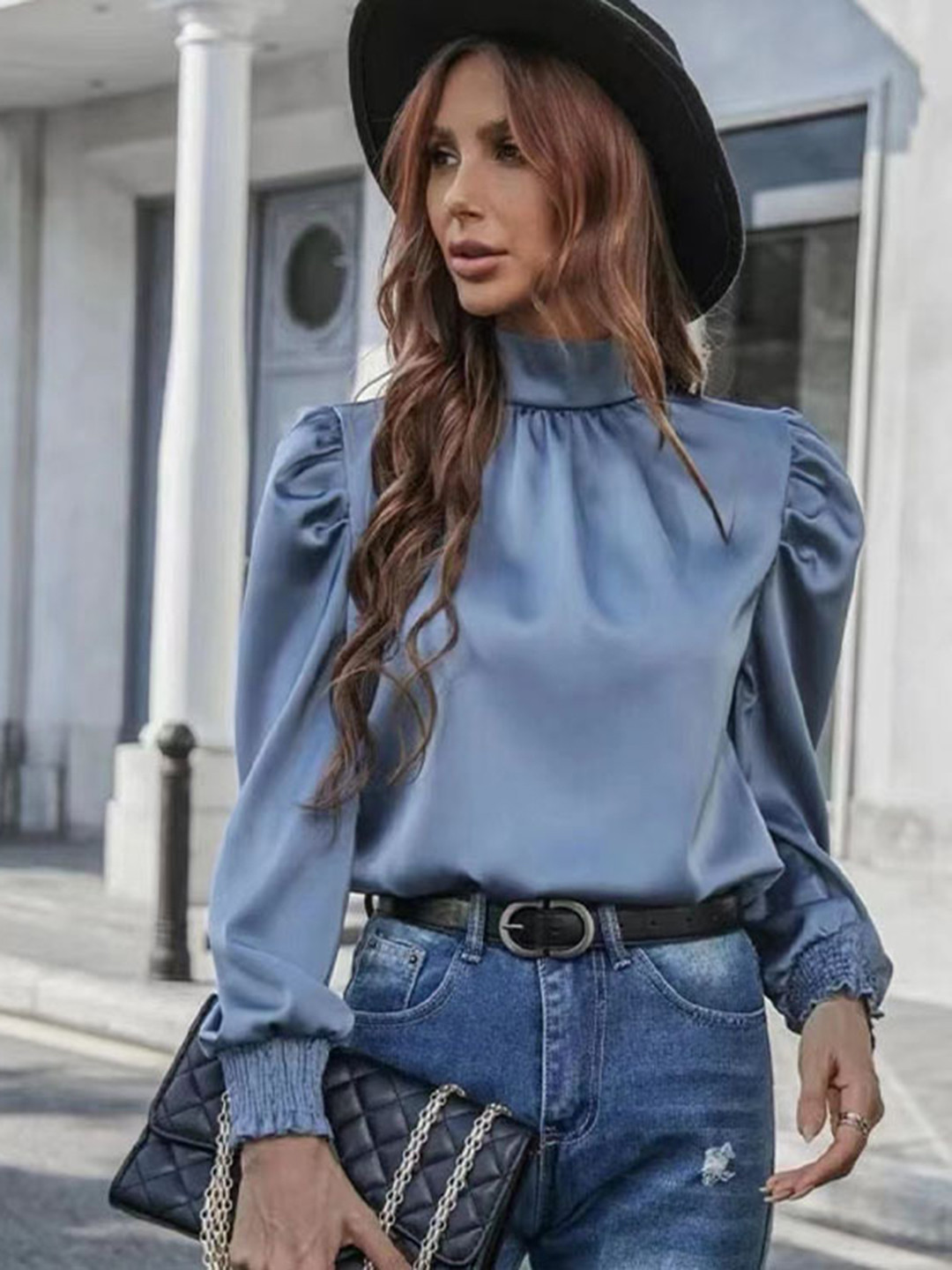 StyleCast Blue High Neck Puff Sleeves Top