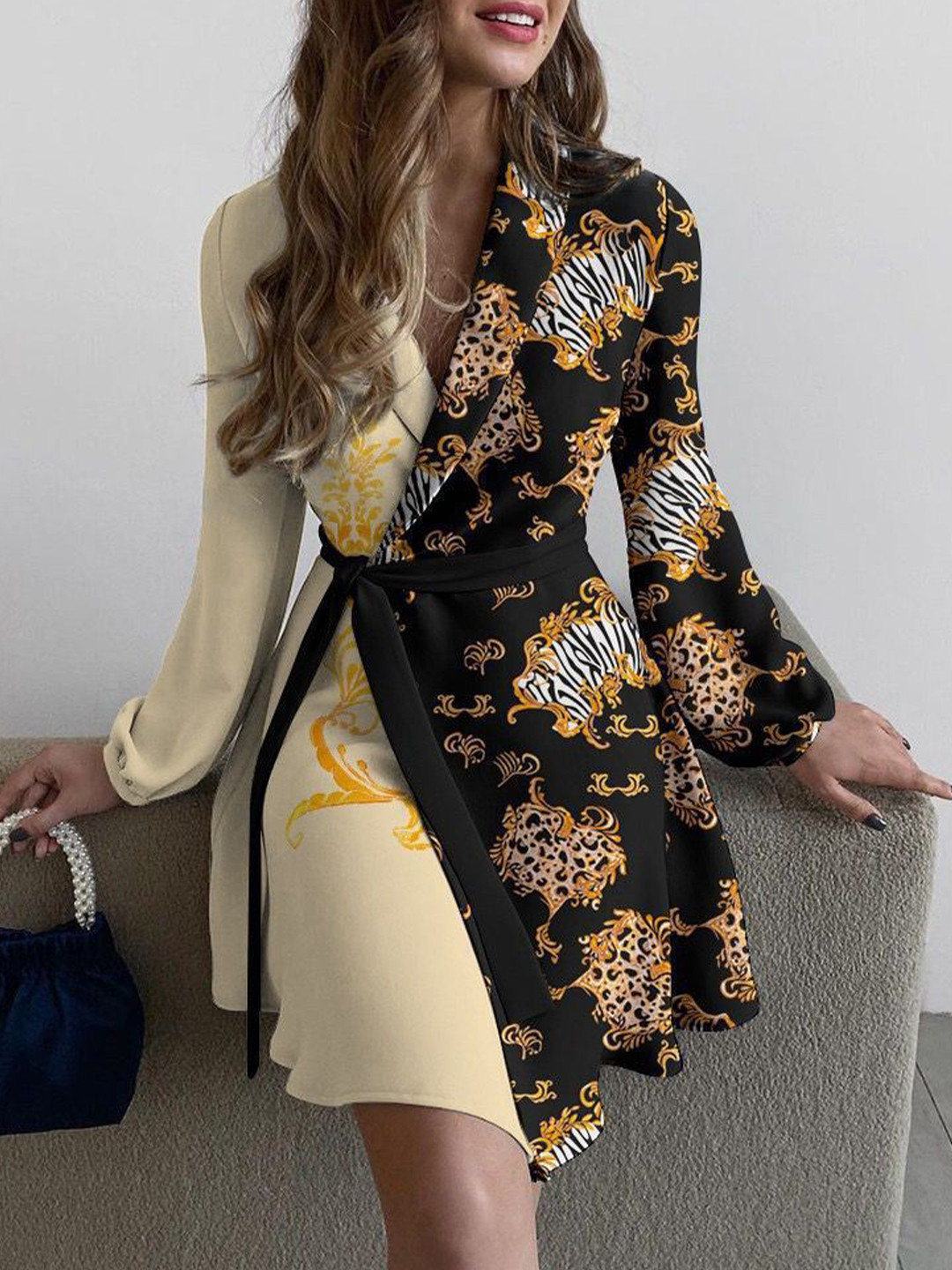 StyleCast Black Animal Print Long Sleeves Wrap Dress