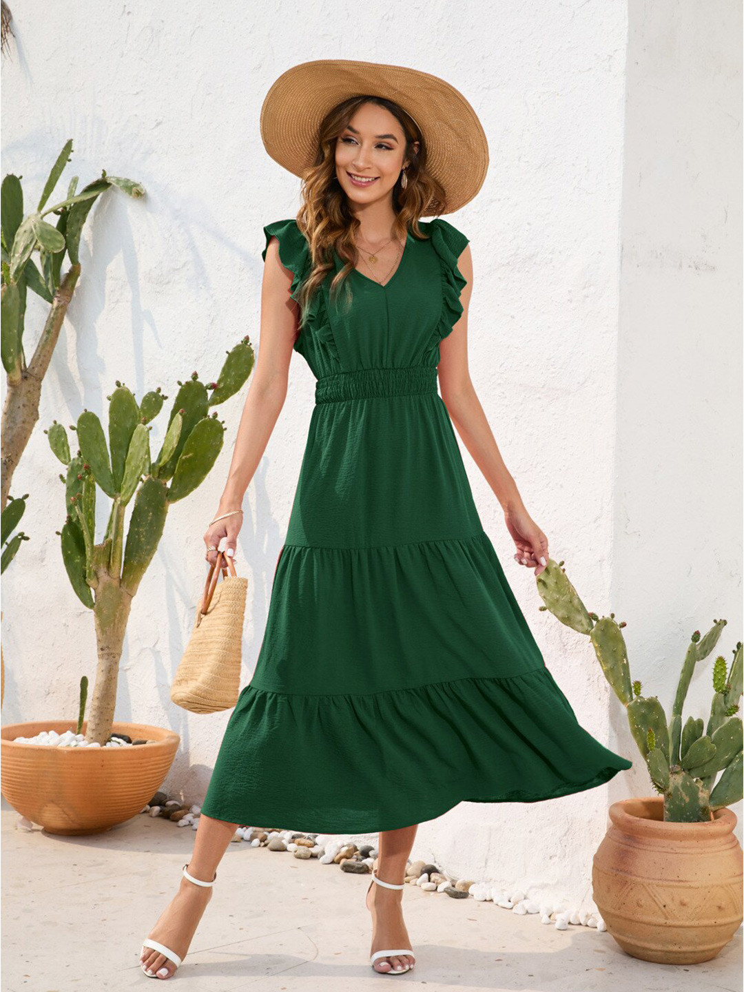 StyleCast Green Tiered Flutter Sleeve Cotton Fit & Flare Dress