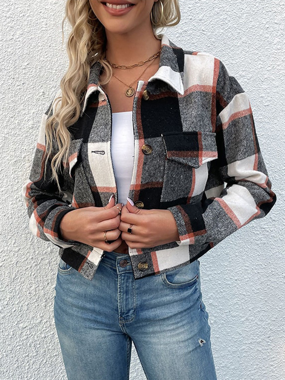 StyleCast Black Checked Crop Bomber Jacket