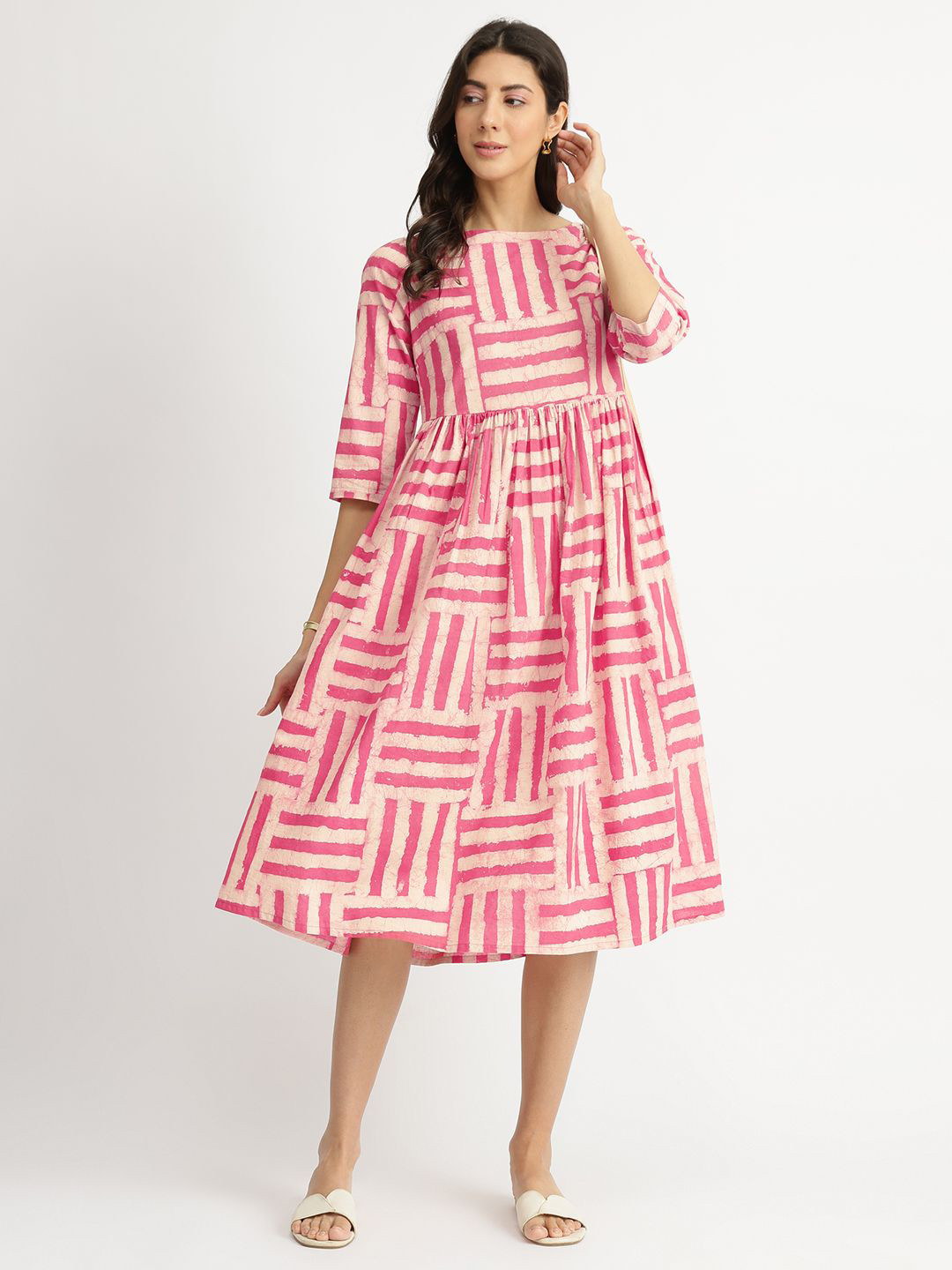 Pink Fort Women Cotton Dabu Stripe Play Dress