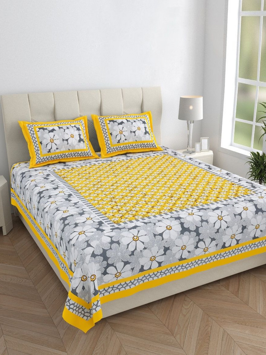 Monik Handicrafts Yellow Ethnic Motifs Cotton 144 TC King Bedsheet with 2 Pillow Covers-228 x 262 cm