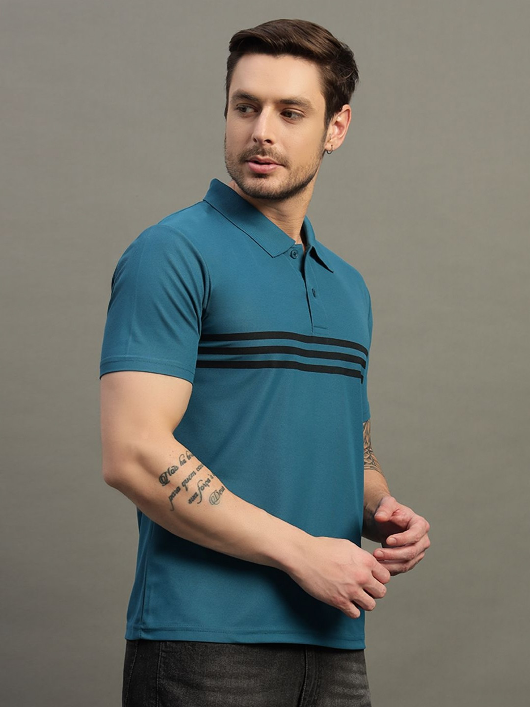 TIMBER HITCH Men Striped Polo Collar Cotton T-shirt