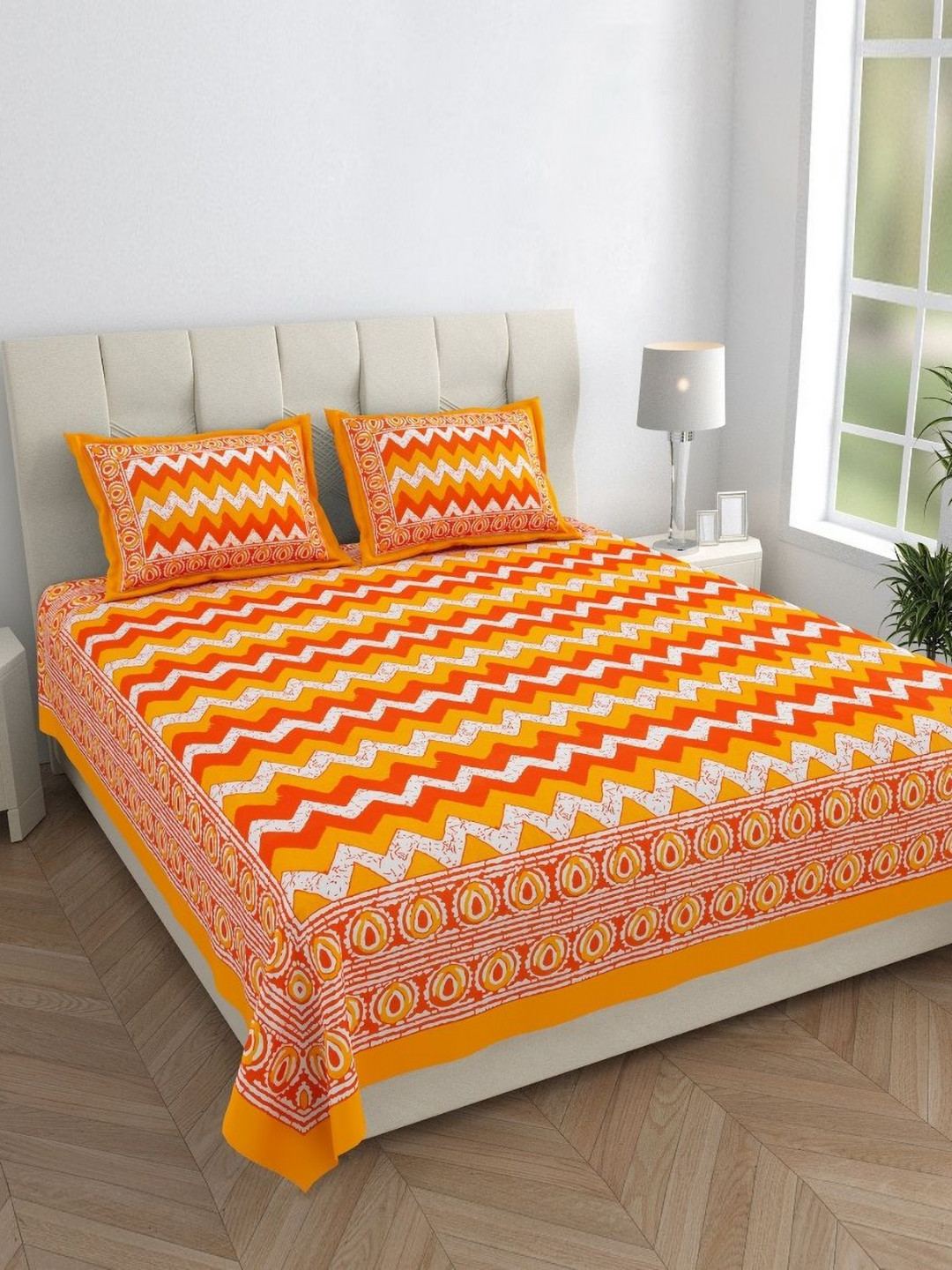 Monik Handicrafts Jaipuri Orange Chevron Cotton 144 TC King Bedsheet with 2 Pillow Covers-90 x 103 inches