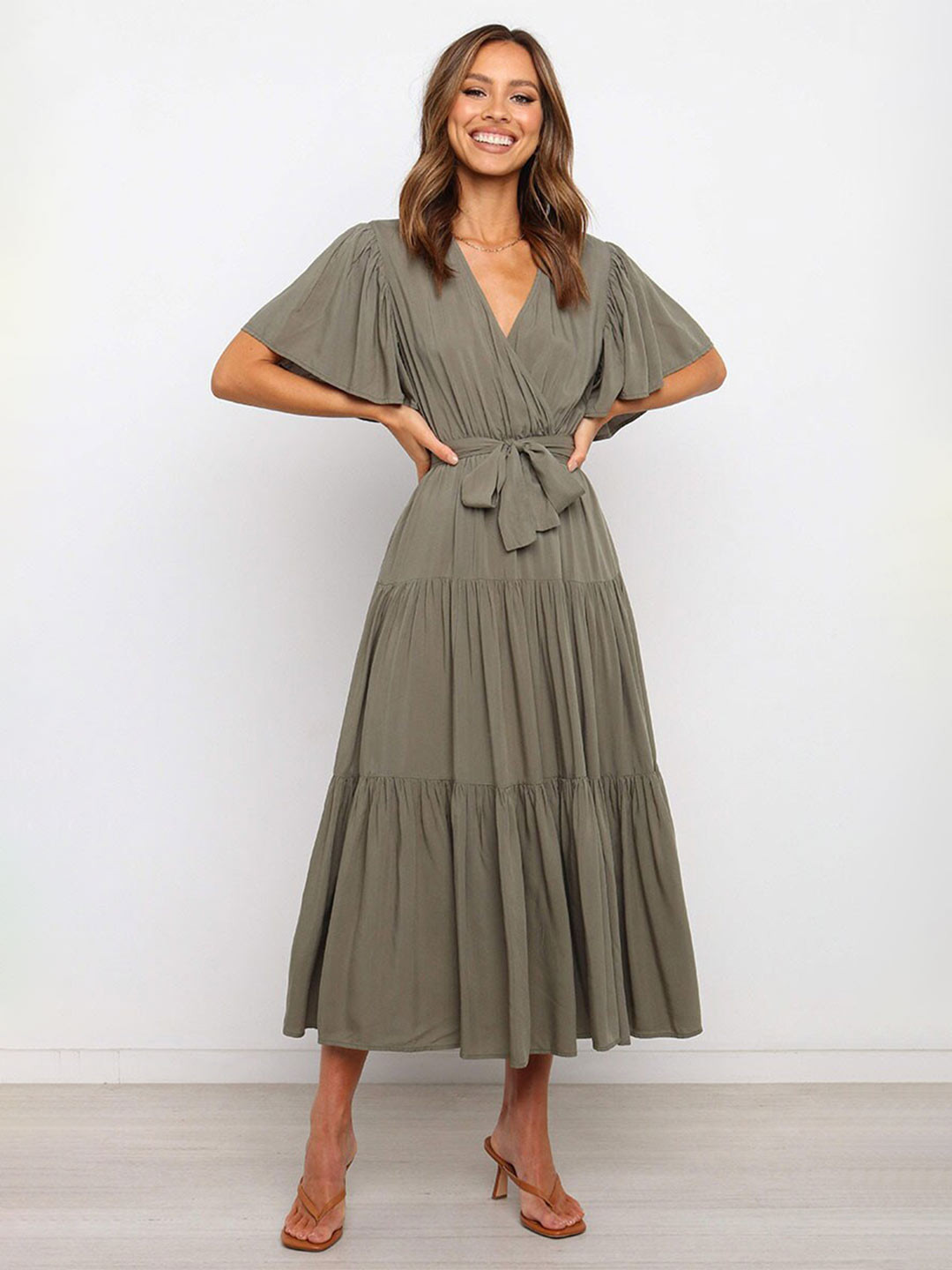 StyleCast Grey Flared Sleeves Fit and Flare Midi Dress