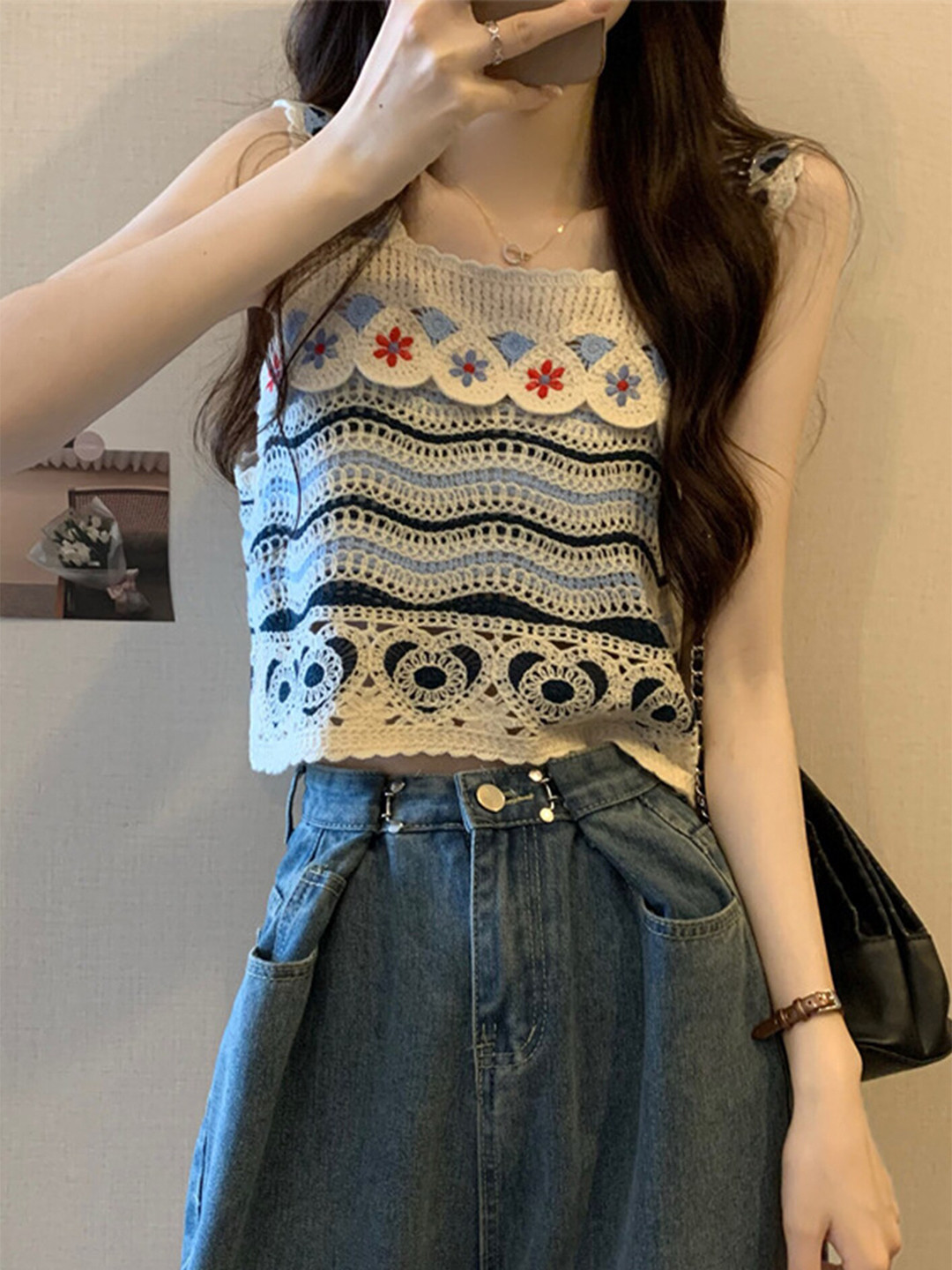 LULU & SKY Abstract Printed Crop Crochet Top