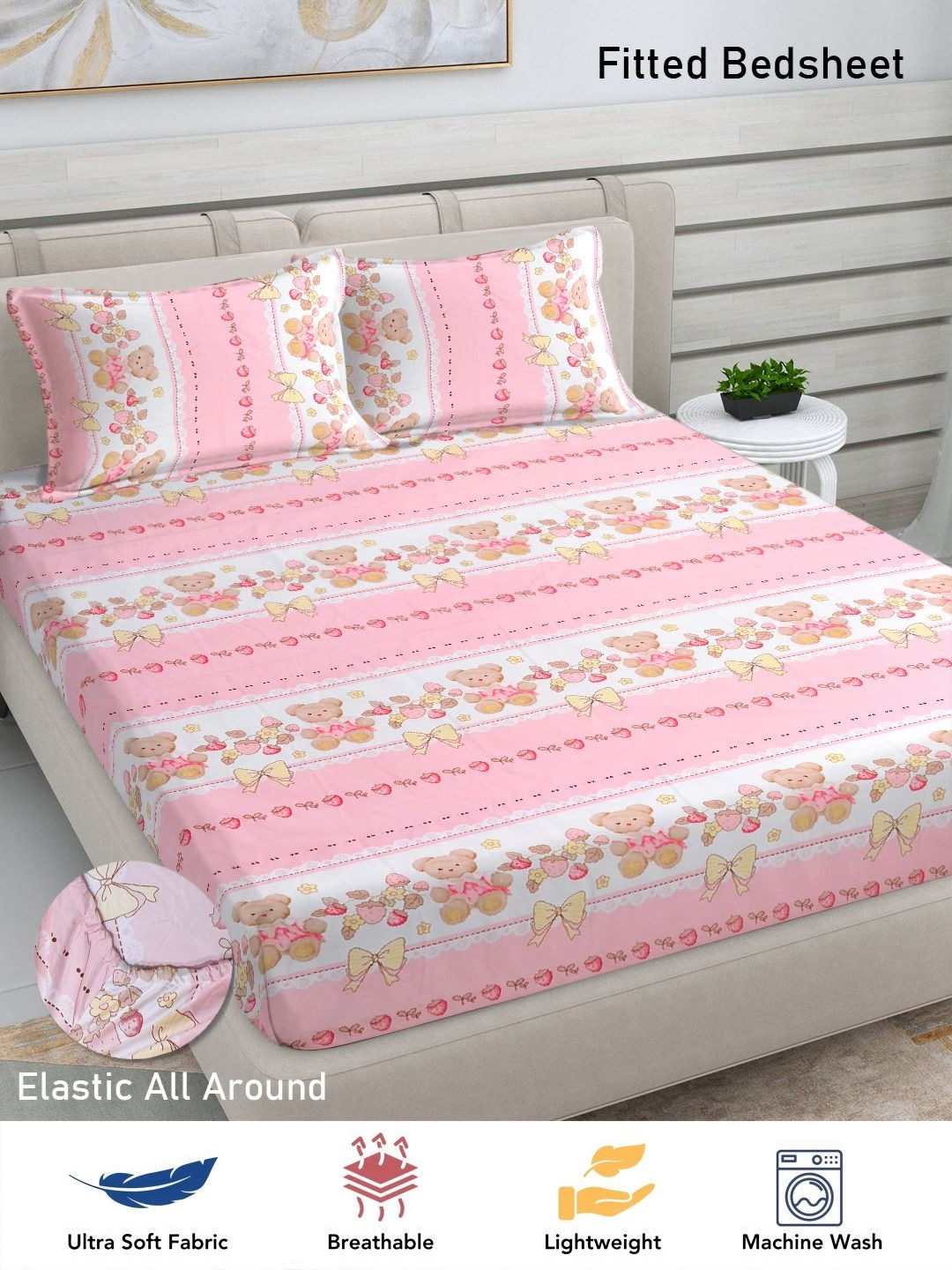 Myntra Elegant Homes Kids Pink Conversational Polycotton Breathable 300 TC Fitted King Fine Bedsheet with 2 Pillow Covers-98 x 89 inches