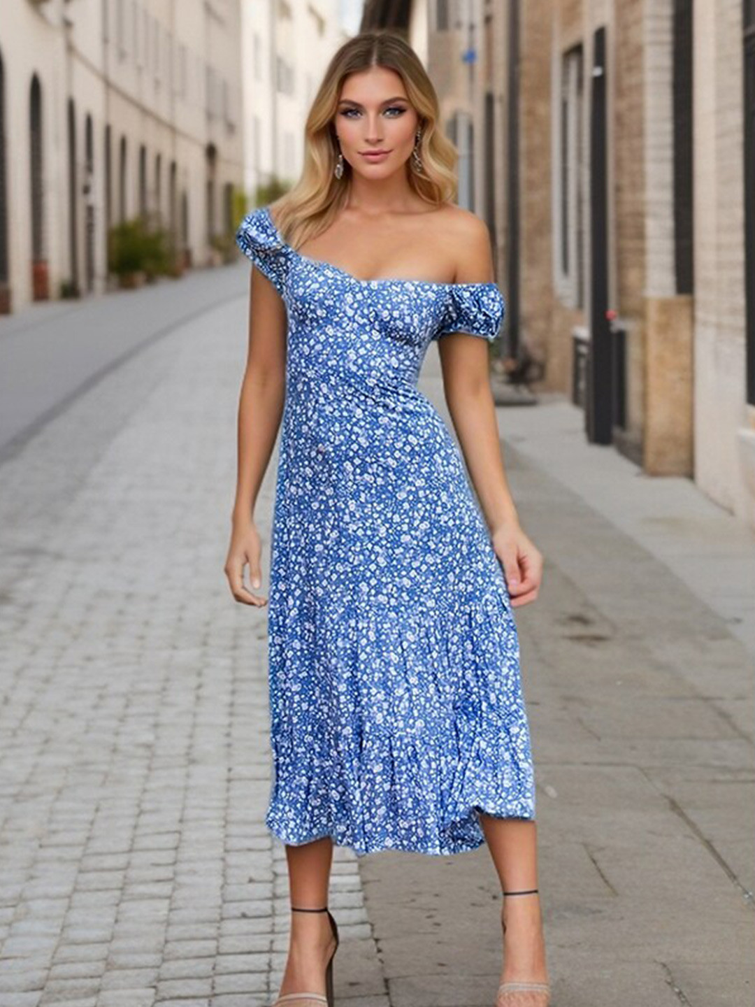 StyleCast Blue & White Floral Printed Off Shoulder Puff Sleeve Midi Dress