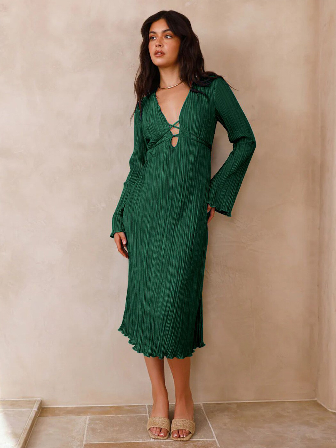 StyleCast Green V-Neck Bell Sleeve Tie Up A-Line Midi Dress