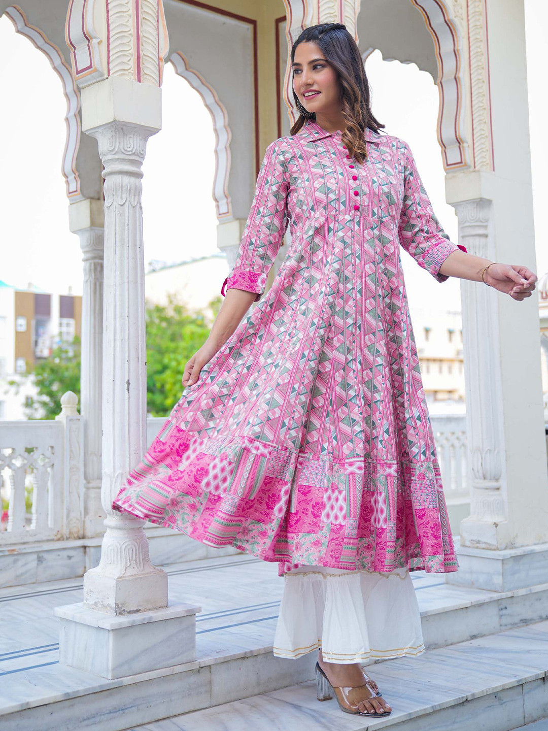 IKRASS Women Tribal Printed Shirt Collar Anarkali Midi Kurta