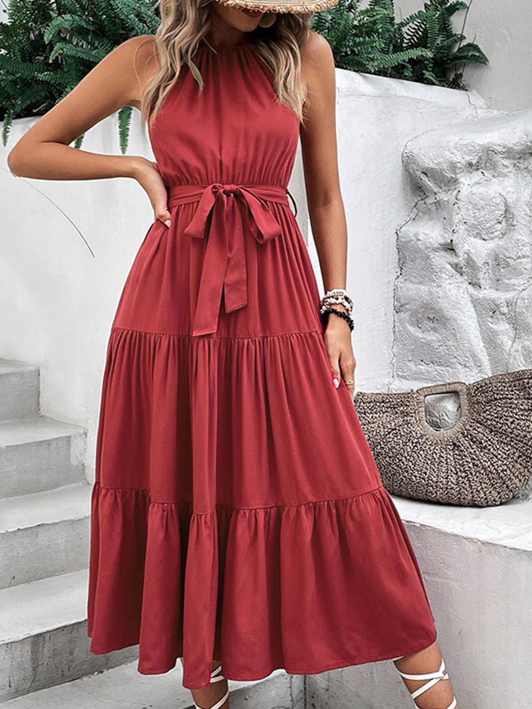 StyleCast Red Halter Neck Fit and Flare Midi Dress