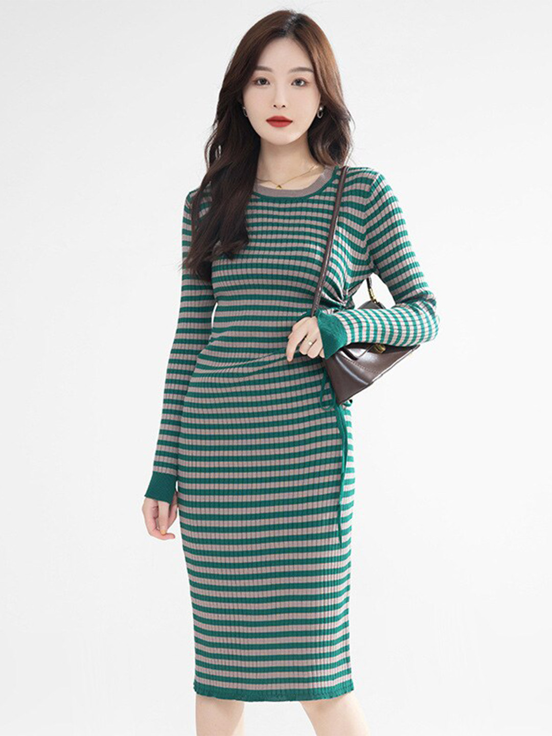 StyleCast Green Striped Round Neck Bodycon Midi Dress
